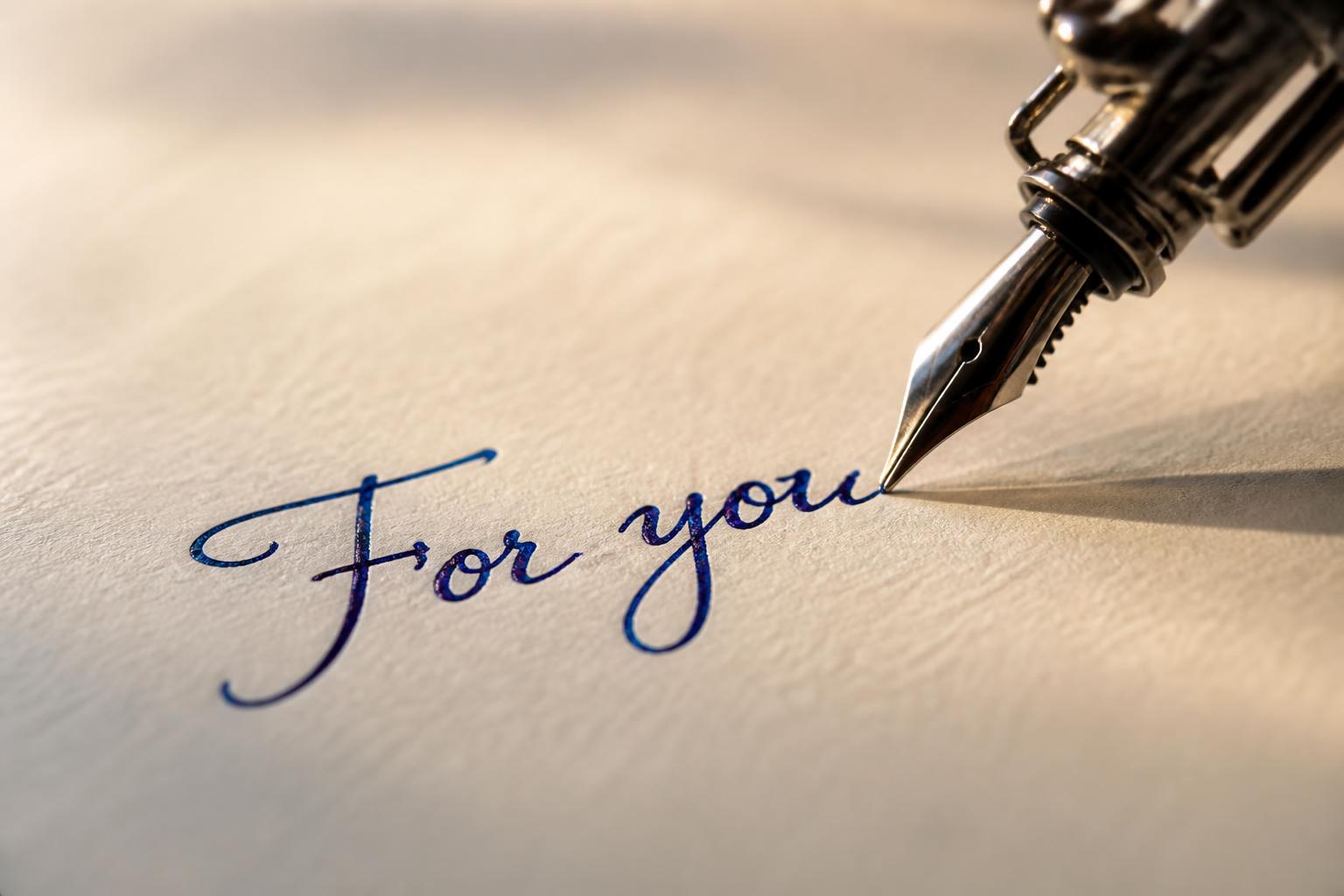 Close-up of a real pen writing the words 'For you' in blue ink on cream cardstock