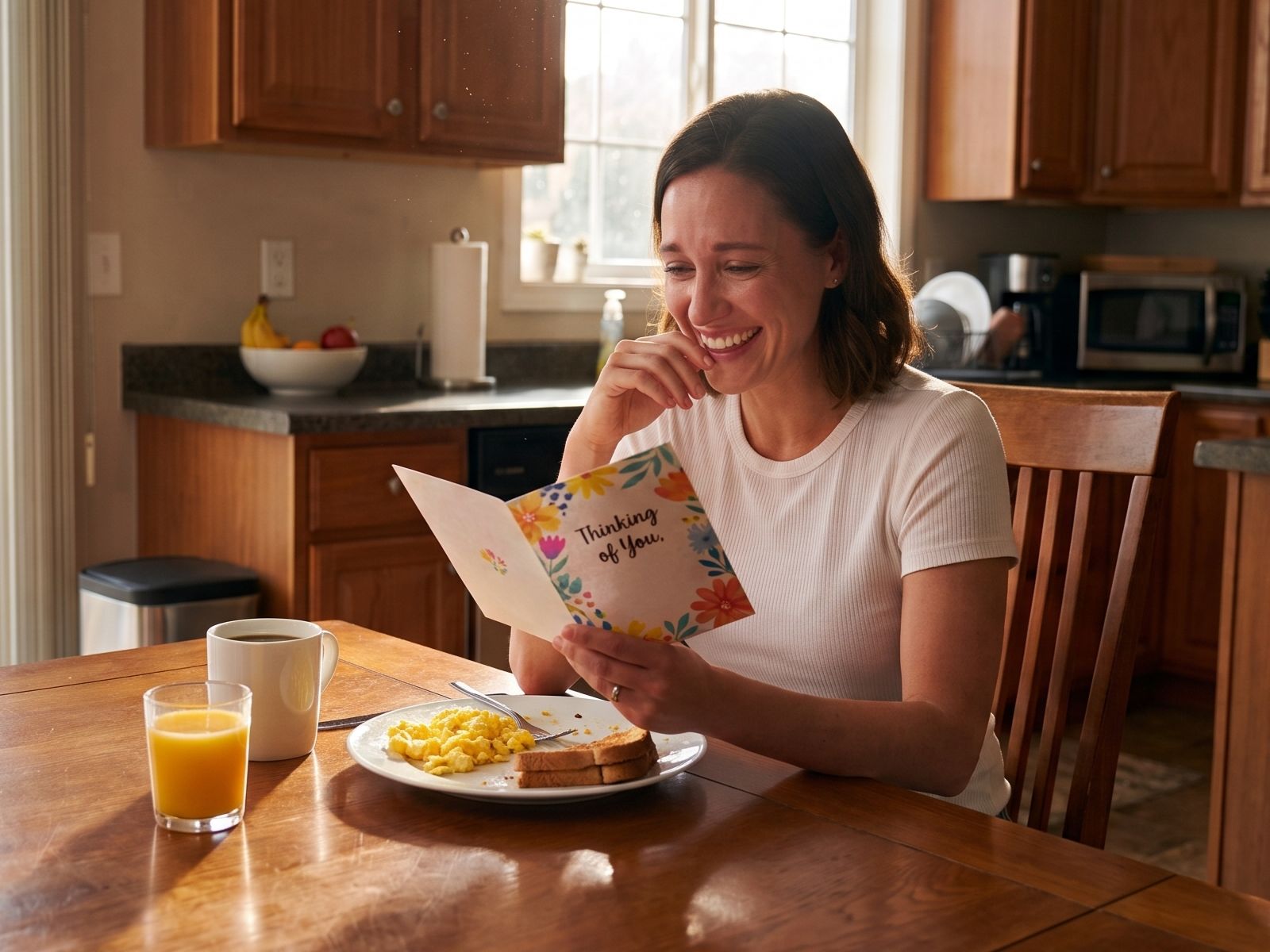 Woman reading a handwritten card at a sunlit table